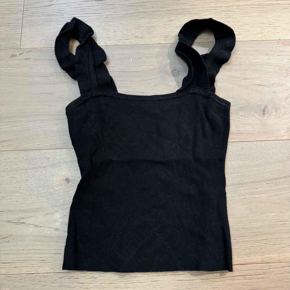 MINE Black Ribbed Knit Ruffle Strap Square Neck Tank Top Small